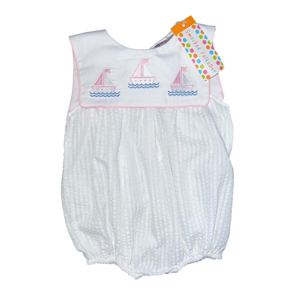 NEW Smocked PolkaDot Baby Girls White Seersucker Sailboat Bubble Romper 9M NWT